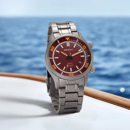 BERNY Automatic Full Titanium Diver Watch For Men Supper Luminous Sappire AR Coated Miyota 8215 Dual Crown Mechanical Dive Watch