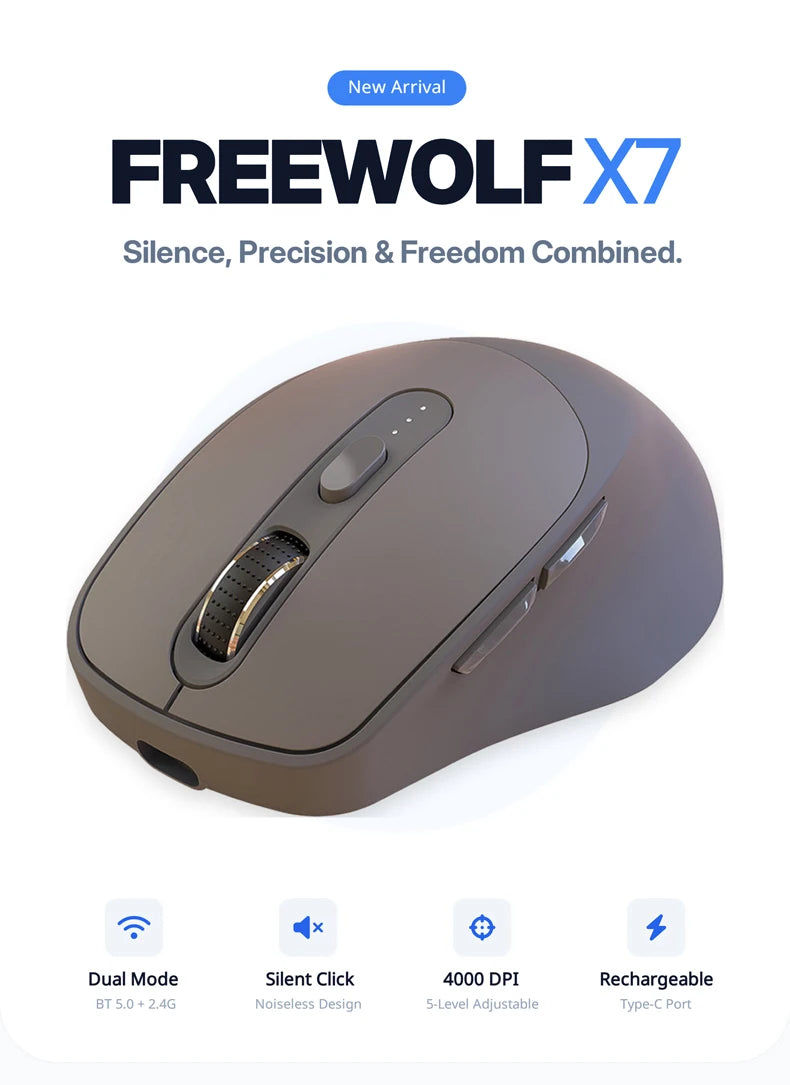 Bezdrátová myš FREEWOLF X7 Bluetooth 2.4G, duální režim, tichá, dobíjecí, 4000DPI, indikátor baterie, ergonomická, pro PC, Mac a notebook