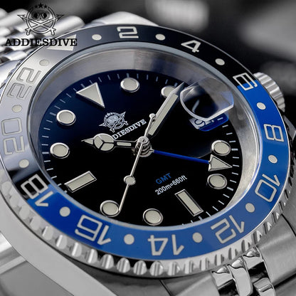 ADDIESDIVE Watch For Man Quartz GMT 20Bar Waterproof BGW9 Super Luminous 316L Stainless Steel Ceramic Bezel Watch