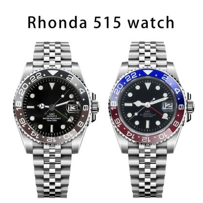 BLIGER 40mm 515 24H GMT Men's Watch Stainless Steel Clasp Luminous Quartz Movement Ceramic Bezel Sapphire Glass 10Bar Waterproof