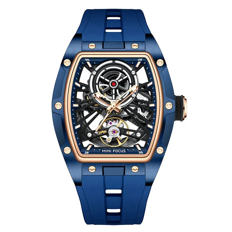 MINI FOCUS Orologio da polso da uomo fashion nero impermeabile, automatico meccanico, con lancette luminose, cinturino in silicone e quadrante tonneau