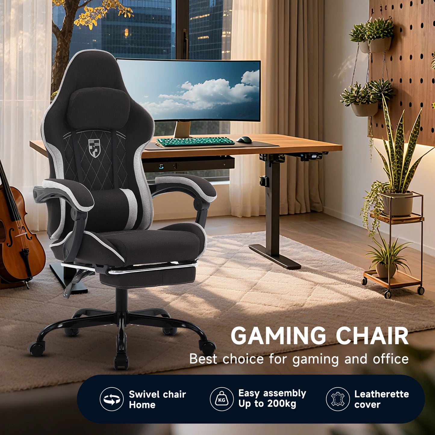 Ergonomic Gaming Chair with Footrest, Lumbar Cushion & Headrest, Adjustable Gamer Chair for Computer Desk, Office and Gaming Setup