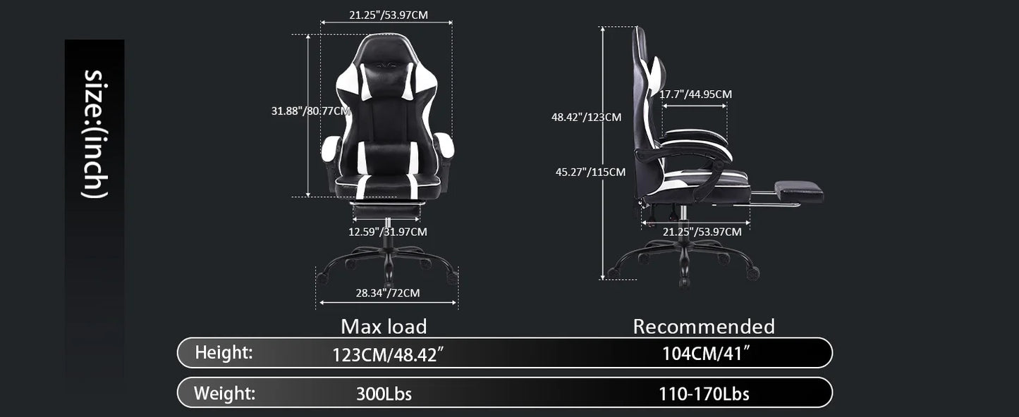 Ergonomic Gaming Chair with Footrest, High-Back Video Game Chair Computer Chair, Office Chair with Headrest and Lumbar, PU Leather