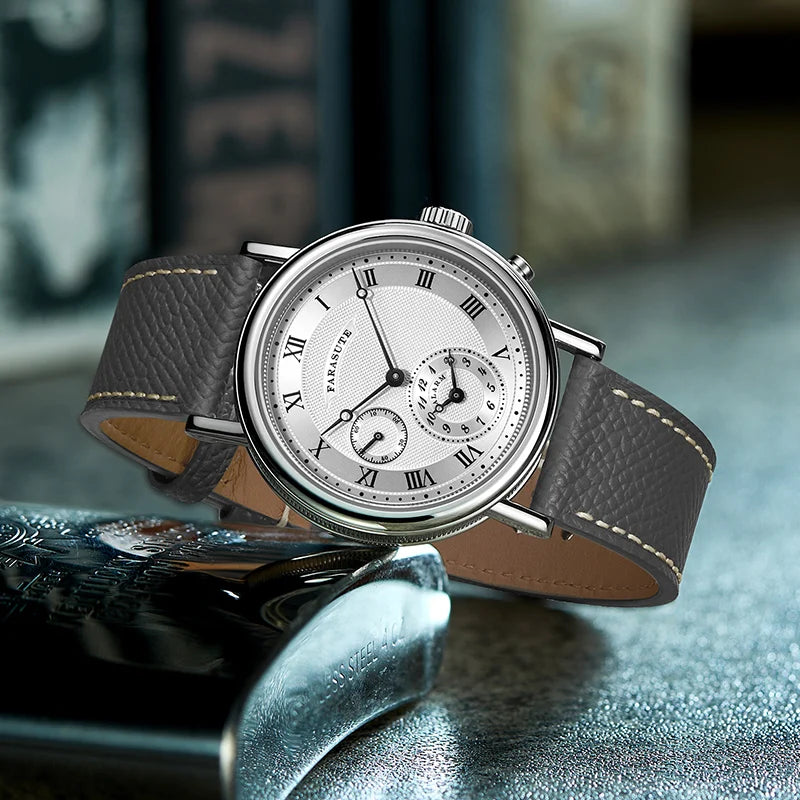 FARASUTE Retro Luxury Alarm Clock Quartz Watch Men Waterproof Night Light Wristwatch Casual Sapphire Stainless Steel Male Reloj