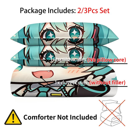 Hatsune Miku Chibi Style påslakanset – Söt anime-sängklädsel med örngott – Spelrum – Tonåringars och barns sovrumsinredning – Present till fans