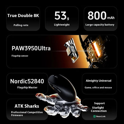 ATK A9 Ultra Wireless Gaming Mouse Tri-Mode 8K, 53g Lightweight Gaming Mouse with Bluetooth, 2.4GHz & Wired, Esports Mouse for PC