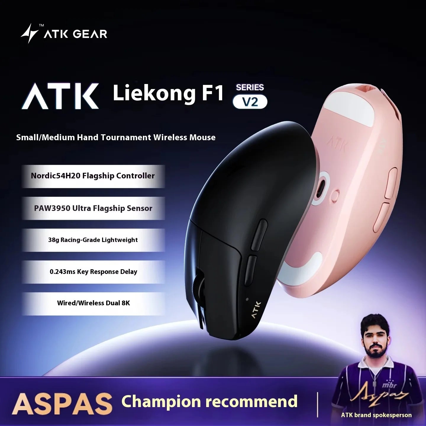 Mouse da gaming ATK F1 V2 Ultra MAX wireless tri-mode PAW3950 doppio 8k leggero ergonomico per esport, accessorio PC personalizzato