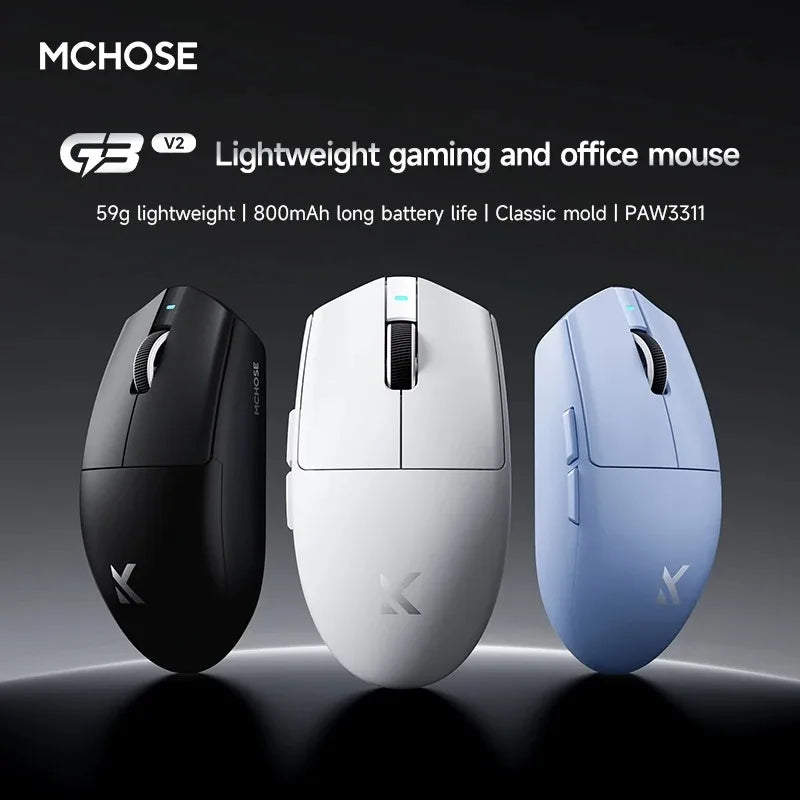 Rato sem fios eSports MCHOSE G3 V2 Pro leve, três modos, Bluetooth, PAW3395 de alto desempenho, 800mAh, gaming e escritório, 59g