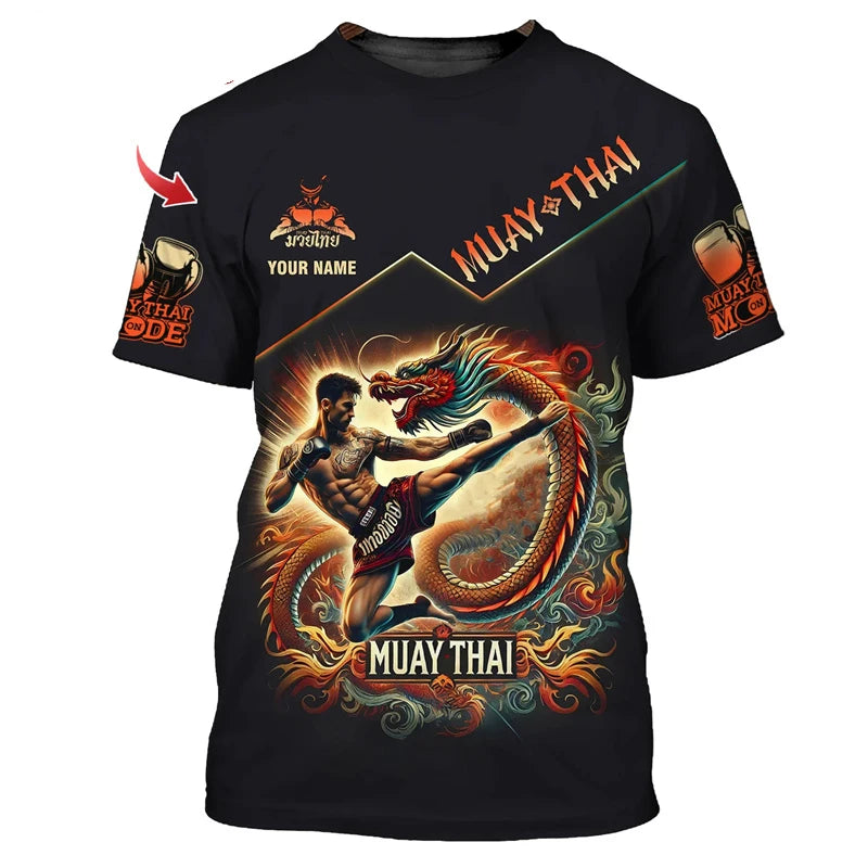 Häftig ny T-shirt med Muay Thai-motiv för män, 3D-tryck med tiger- och drakmotiv, personlig T-shirt med eget namn, sommar- och gym-T-shirt