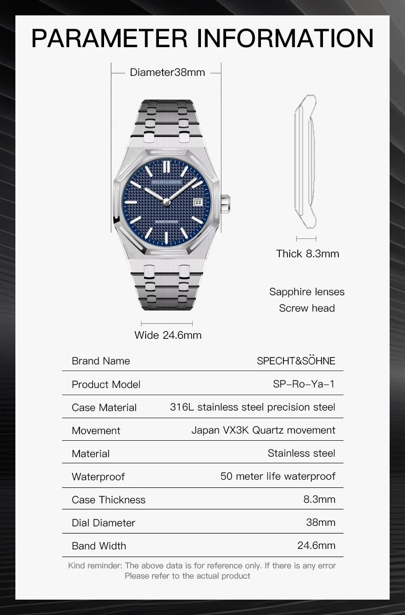 2026 New Specht & Söhne 38mm Quartz Wristwatch For Men Luminous Sapphire Crystal Ultrathin Stainless Steel Watch 50M Waterproof