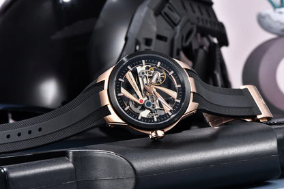 Ceas pentru bărbați PAGANI DESIGN – Model mecanic automat de lux, de tip „schelet” (cu mecanism expus), dotat cu un tourbillon, sticlă de safir cu tratament antireflex, rezistent la apă și luminescent.