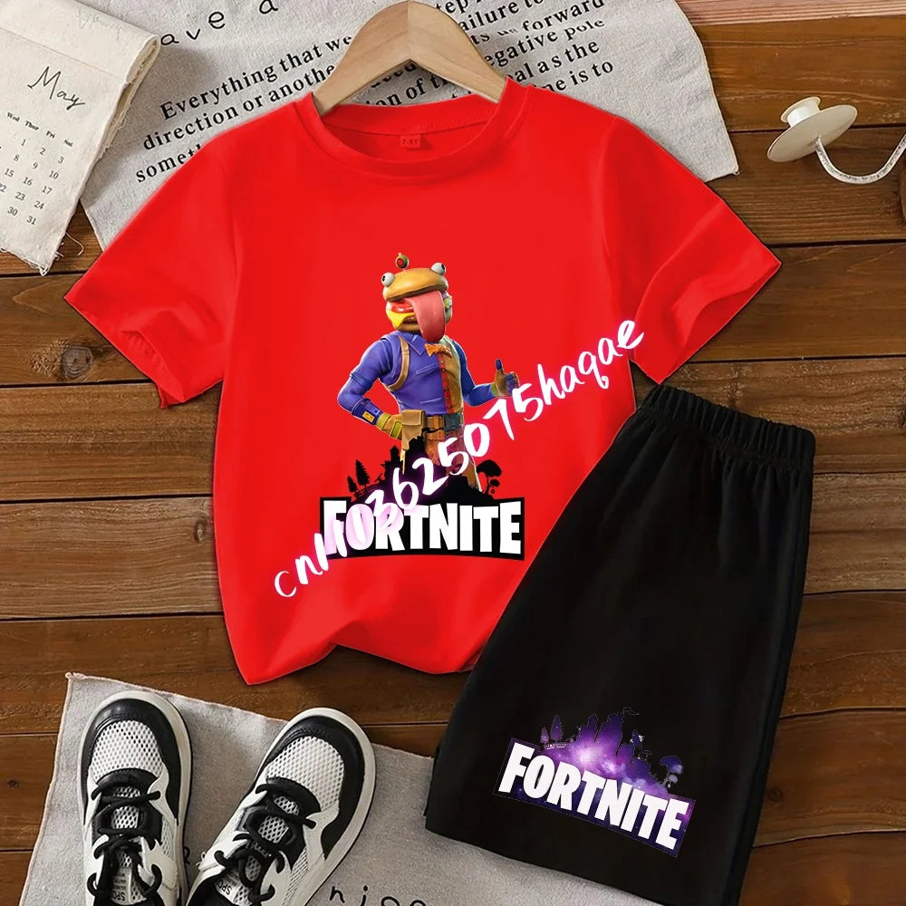 2026 New Fortnite Kids Pure Cotton Short-Sleeved Set with Cartoon Print Boys' Sport Shirt Casual Top Summer T-Shirt 2 Pieces