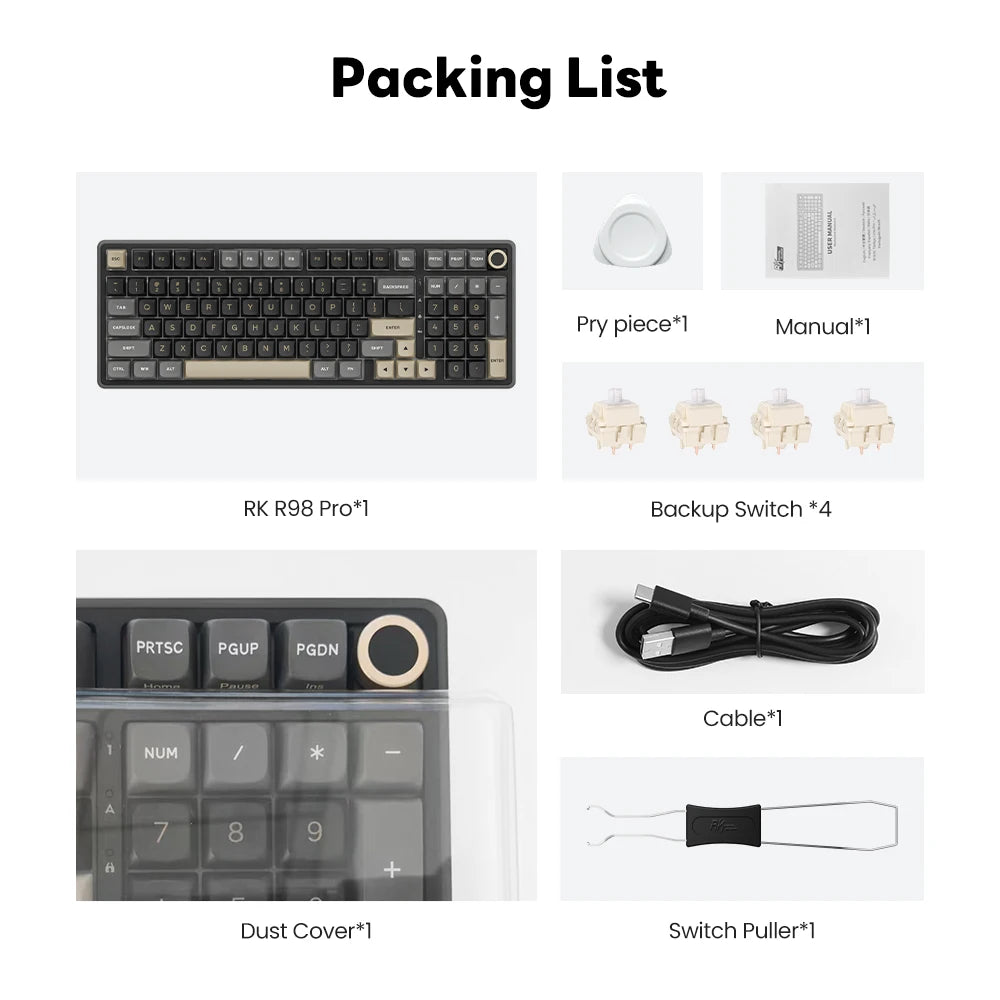 Teclado mecánico con cable RK ROYAL KLUDGE R98Pro Gasket, 98 teclas, RGB, hot-swappable, botón desmontable para gamers, keycaps PBT