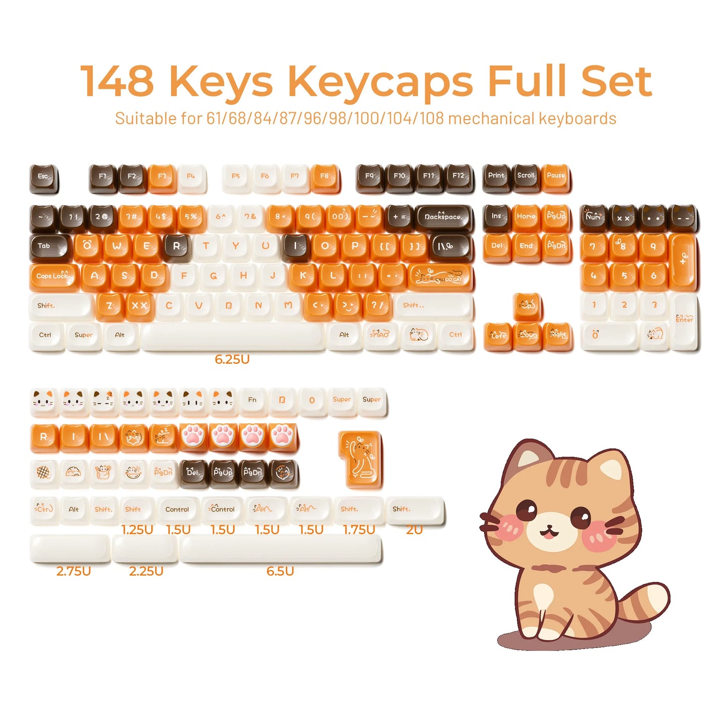 XVX 148 Keys Cat Theme Keycaps MAO Profile Key Cap Korean Glossy Cute Keycap for Keyboard 61 64 68 78 87 96 98 104 108