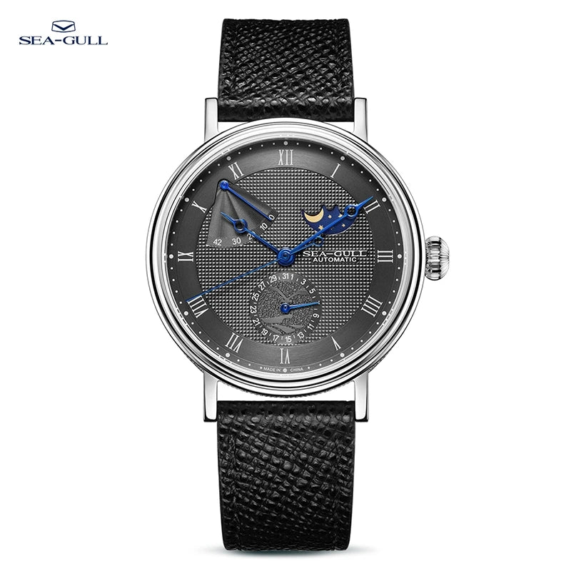 Seagull Men's Business Wristwatch Moon Phase Leather Luxury Automatic Mechanical Men's Watches 50M Waterproof Relogio 6092