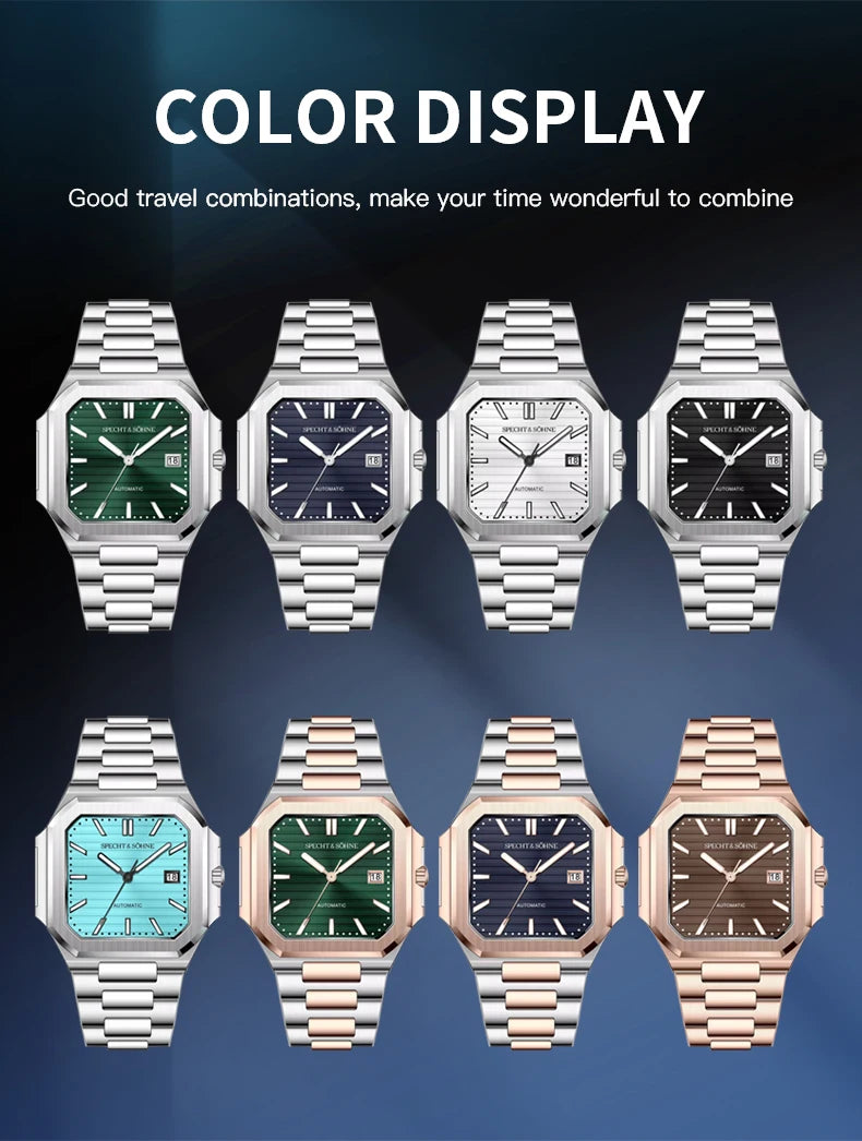 2025 Specht & Söhne Men's Classic Cubic Automatic Mechanical Watch 50M Waterproof Luminous Sapphire Crystal Reloj Hombre 41MM