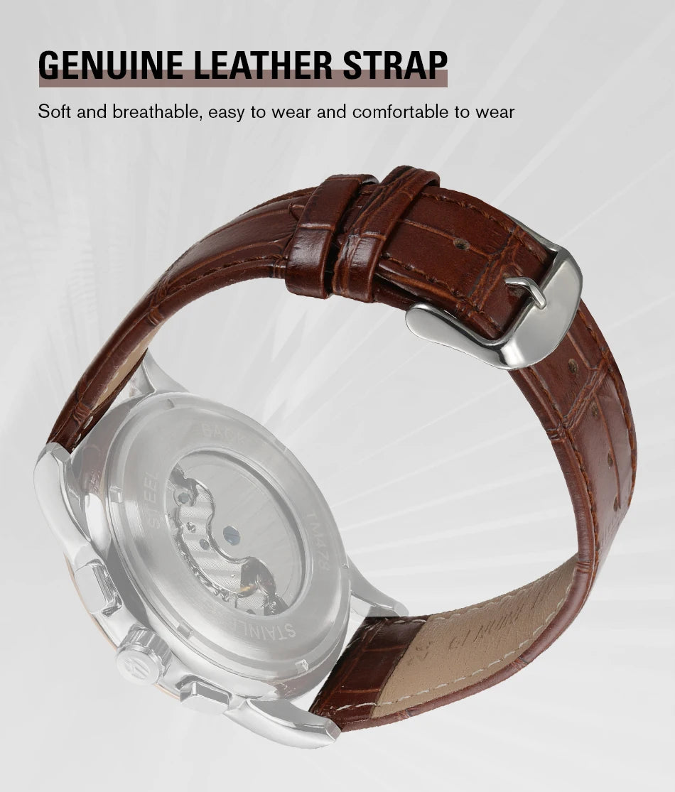 Forsining Retro Mechancial Watches Moon Phase Shanghai Movement Rose Gold Case Brown Leather Strap Luxury Automatic Mens Watch
