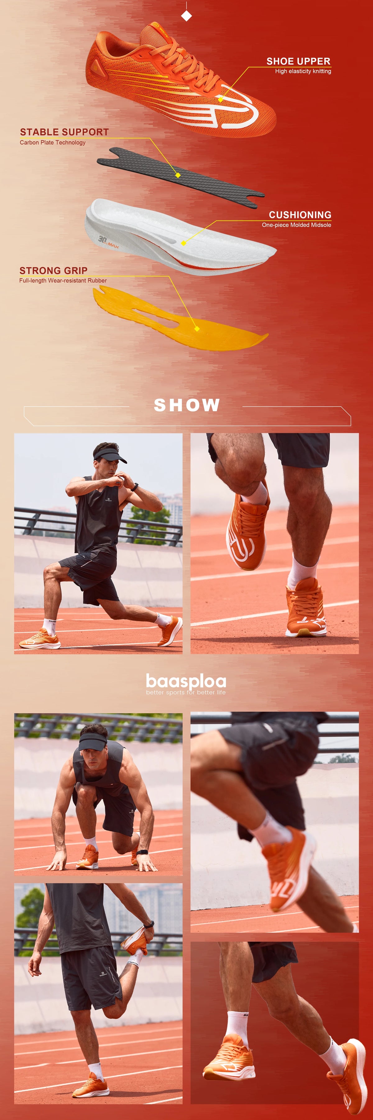 Baasploa Men Professional Running Shoes Lightweight Breathable Jogging Sports Shoes Female Carbon Plate Anti-slip Sneakers