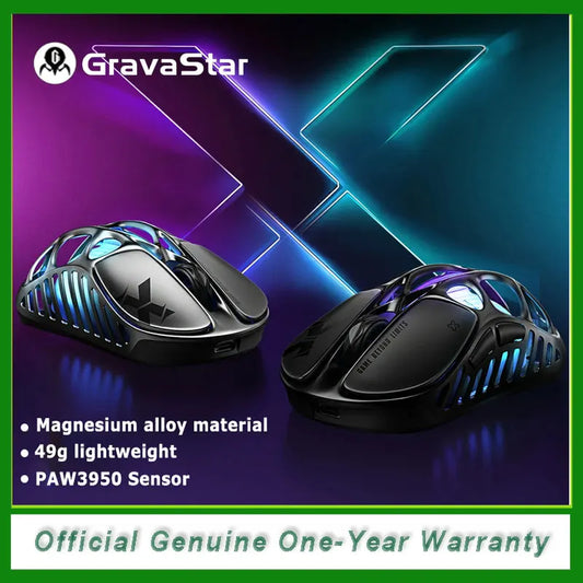 Mouse de gaming wireless GravaStar Mercury X – senzor PAW 3950 de 32,000 DPI, rată de interogare 1000Hz, doar 49g, aliaj de magneziu cu structură goală F