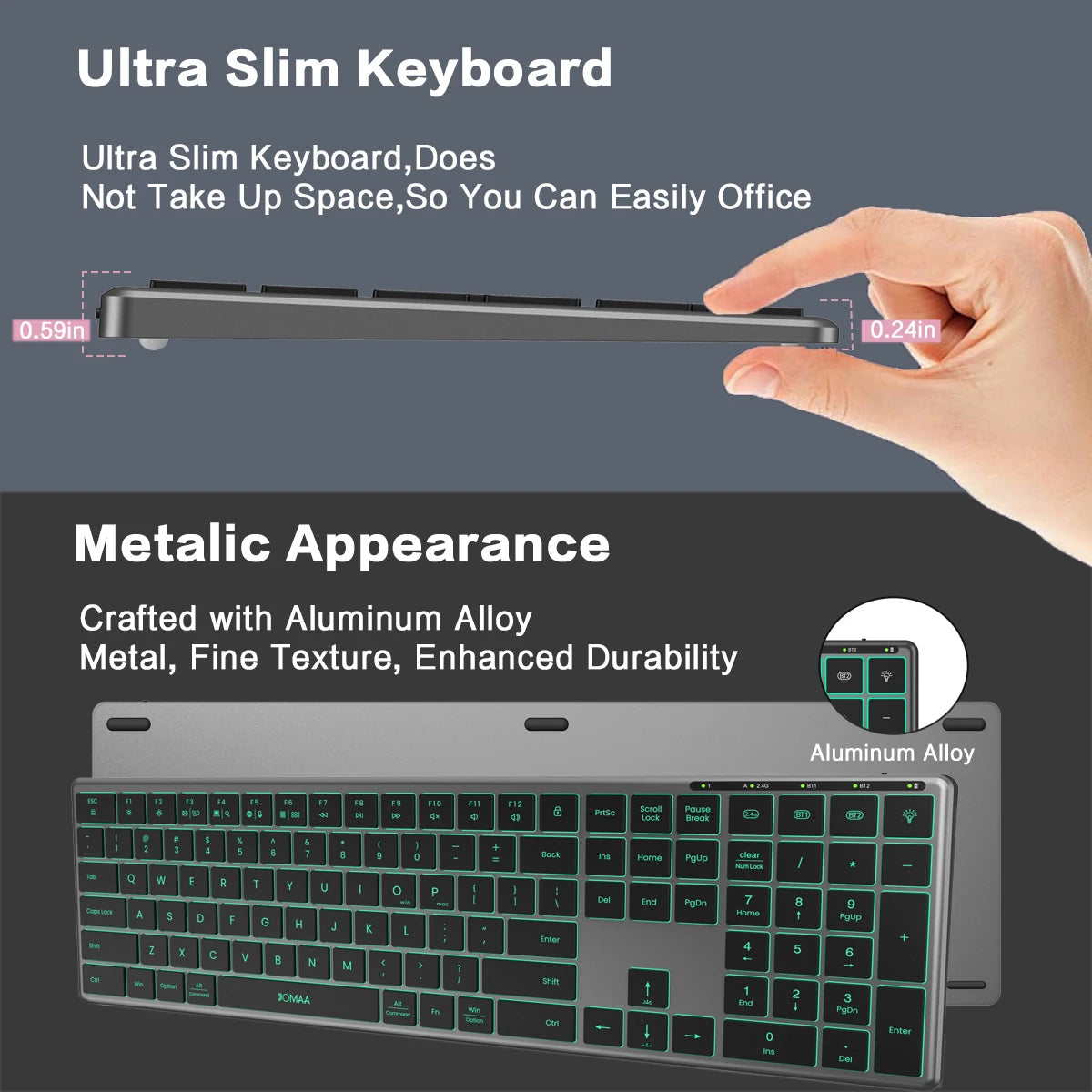 Jomaa Wireless Bluetooth Keyboard Multi-Device Full Size Wireless Backlight Keyboard with Number Pad, for Windows/PC/Laptop/Phone