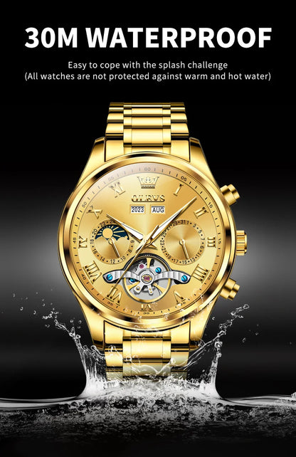 OLEVS 7005 Classic Business Mechanical Wristwatch for Men Skeleton Flywheel 24 Hour Moon Phase Calendar Luxury Men's Watch