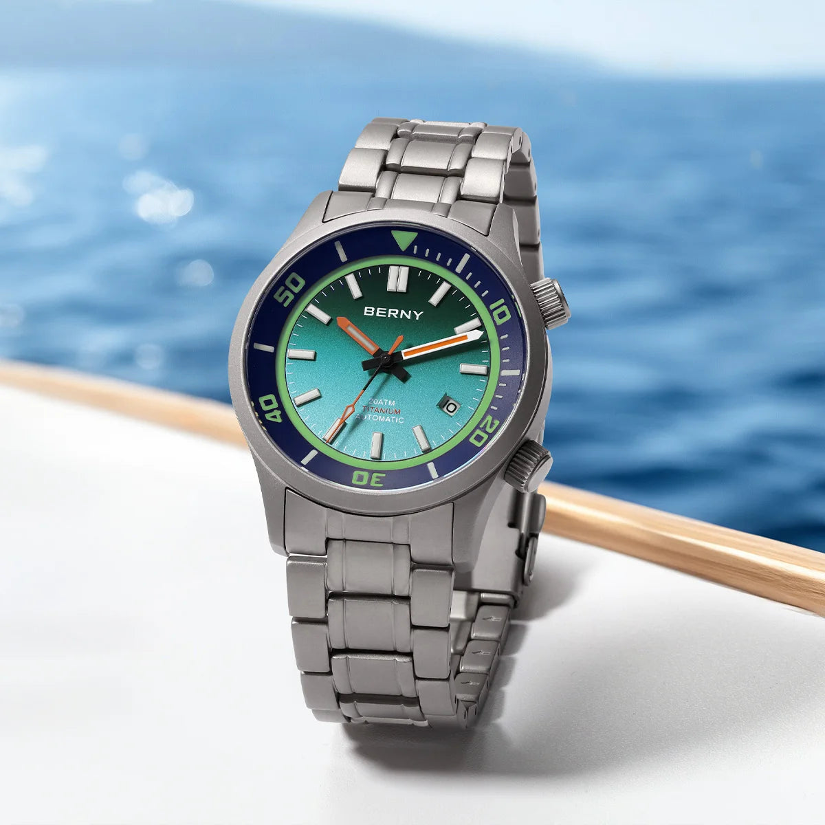 BERNY Automatic Full Titanium Diver Watch For Men Supper Luminous Sappire AR Coated Miyota 8215 Dual Crown Mechanical Dive Watch
