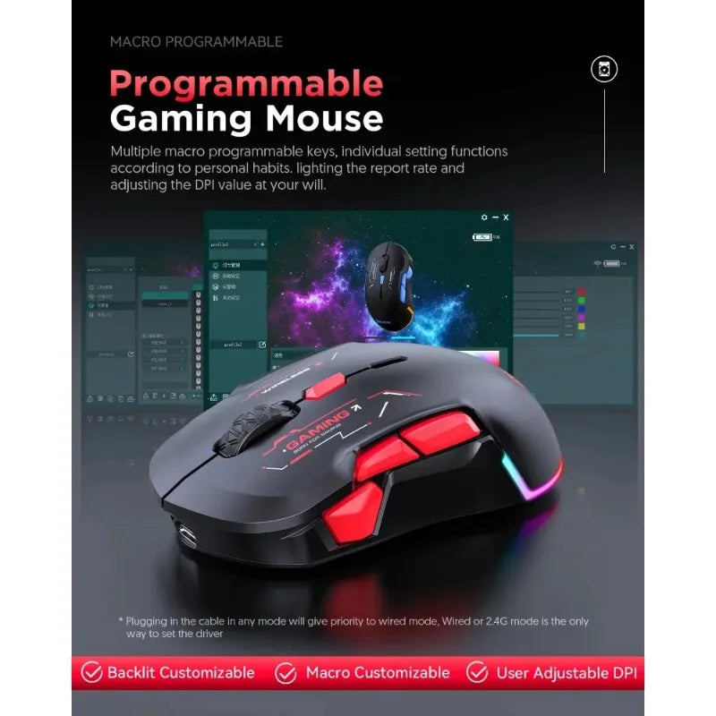 MKESPN W12 10-knappers makro-gamingmus til begge hænder, trådløs Bluetooth, multikanal, tri-mode, stor RGB, ergonomisk og ambidekstral