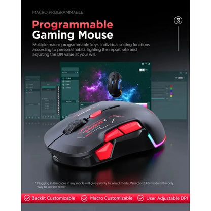 MKESPN W12 10-knappers makro-gamingmus til begge hænder, trådløs Bluetooth, multikanal, tri-mode, stor RGB, ergonomisk og ambidekstral