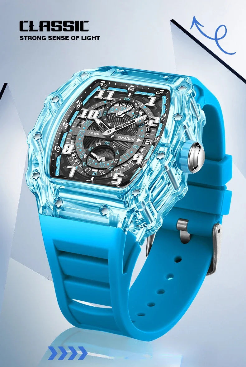 Unique Blue Fashion Brand Men's Watches Silicone Strap Waterproof Out Door Sport Military Watches for Men Multi Function Luxury
