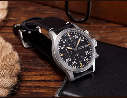 Baltany Quartz Chronograph S5045 Sunburst Blue Dial VK67 100M Stainless Steel Calendar Window Sapphire Vintage Military Watches