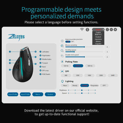 ZELOTES F36 Vertical Wireless Mouse Bluetooth Ergonomic Mice Rechargeable Programmable Gaming Mouse 2.4G 2400DPI for Laptop PC