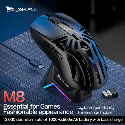 SMAILWOLF M8 Wireless Bluetooth Tri-Mode Gaming Mouse, 12000 DPI Lightweight RGB Gaming Mouse with PAW3311 Sensor, Magnetic Charging Dock