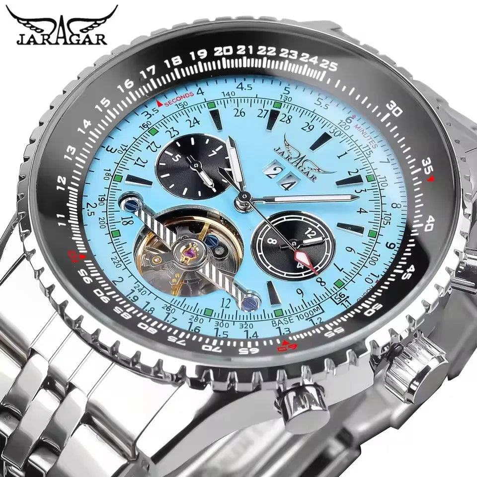 Jaragar Military Sports Automatic Watch for Men Multifunction Dial Tourbillon Skeleton Mechanical Watches Luxury Steel Band Glow