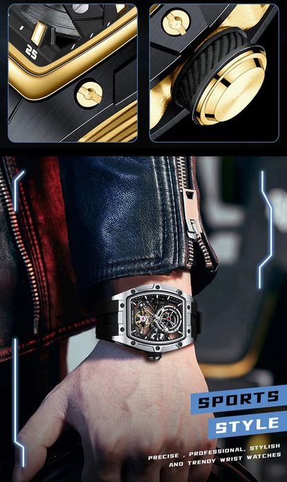 MINI FOCUS Orologio da polso da uomo fashion nero impermeabile, automatico meccanico, con lancette luminose, cinturino in silicone e quadrante tonneau