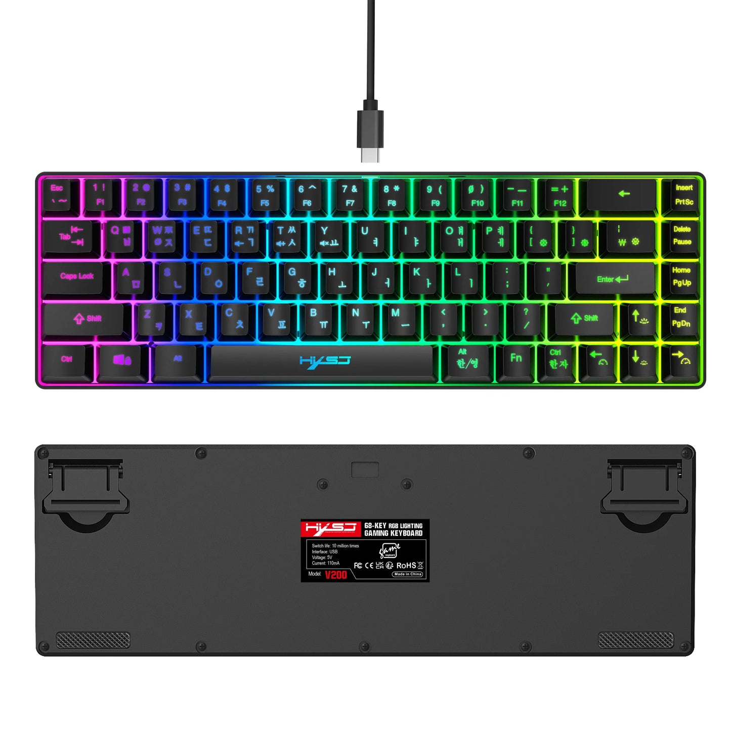 Teclado gaming coreano portátil HXSJ V200 de 68 teclas, 65%, com retroiluminação RGB, com fios, de membrana, para escritório, PC de secretária e computadores portáteis