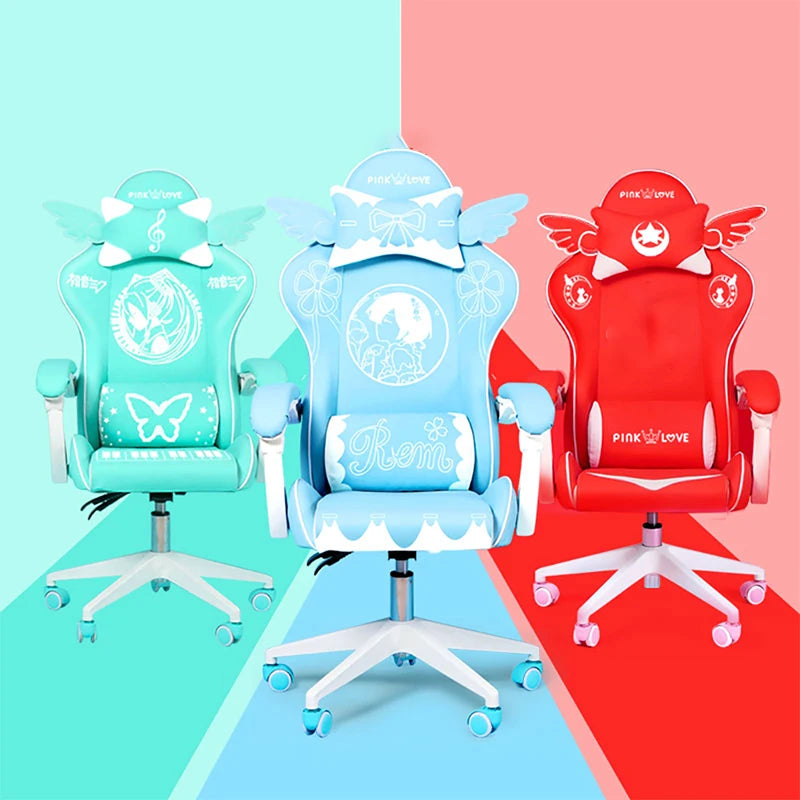 Pink Cartoon Electric Sound Gaming Chair, Rotating Office Chair with Adjustable Height, Latex Cushion, 360° Swivel Computer Chair for Home & Study