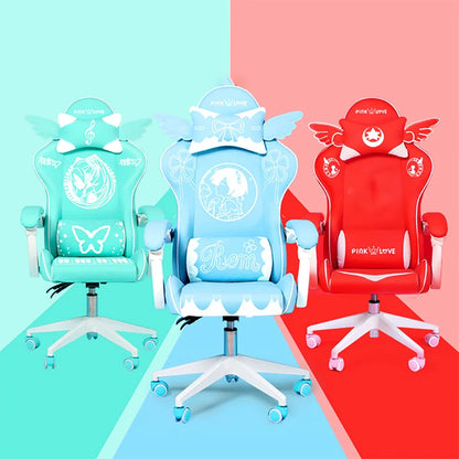 Pink Cartoon Electric Sound Gaming Chair, Rotating Office Chair with Adjustable Height, Latex Cushion, 360° Swivel Computer Chair for Home & Study
