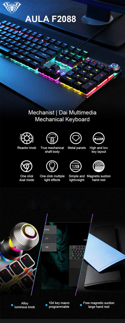 Teclado Mecânico AULA F2088 com Fio para Gaming, Botão Multifuncional, 104 Teclas, Retroiluminação Magic, Programação Macro, Compu