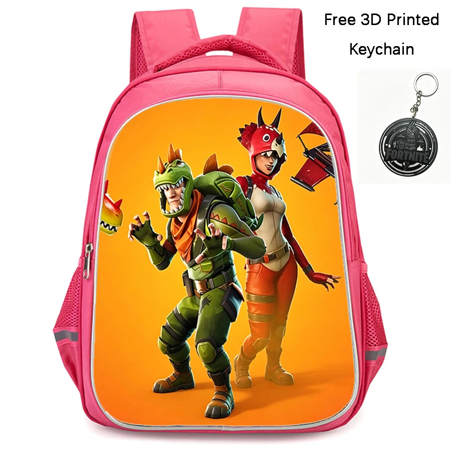 FORTNITE 16-inch Durable Lightweight Backpack, Dual Zipper Pockets, Cartoon Style for Boys & Girls Ages 6-10, Free 3D Printed Keychain