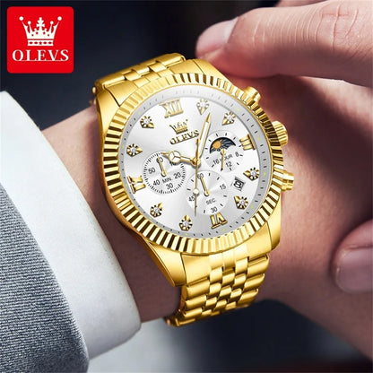 OLEVS 2932 High end Men's Watch Classic Lunar Phase Waterproof Stainless Steel Chronograph Watch Luxury Brand Quartz Men's Watch