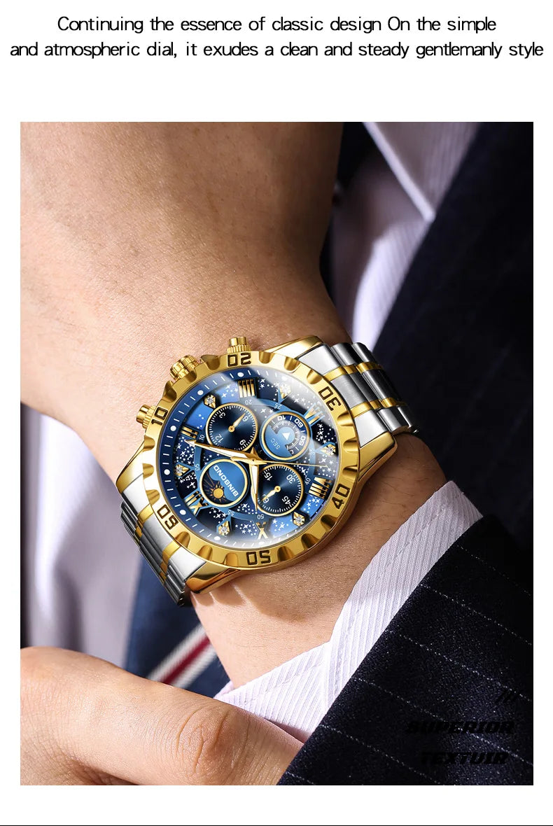 2026 Men Watch Light Luxury Business Steel Belt Moonphase Starry Night Light Waterproof Men's Fashion Quartz Clock Watches Gift