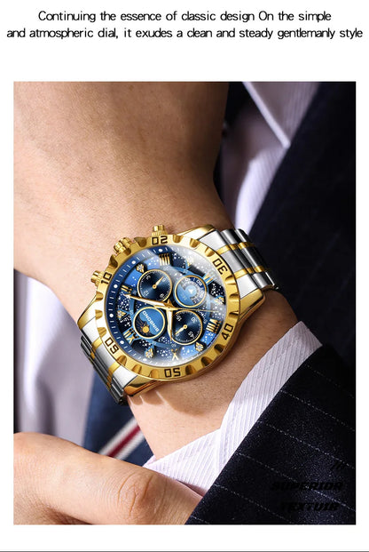 2026 Men Watch Light Luxury Business Steel Belt Moonphase Starry Night Light Waterproof Men's Fashion Quartz Clock Watches Gift