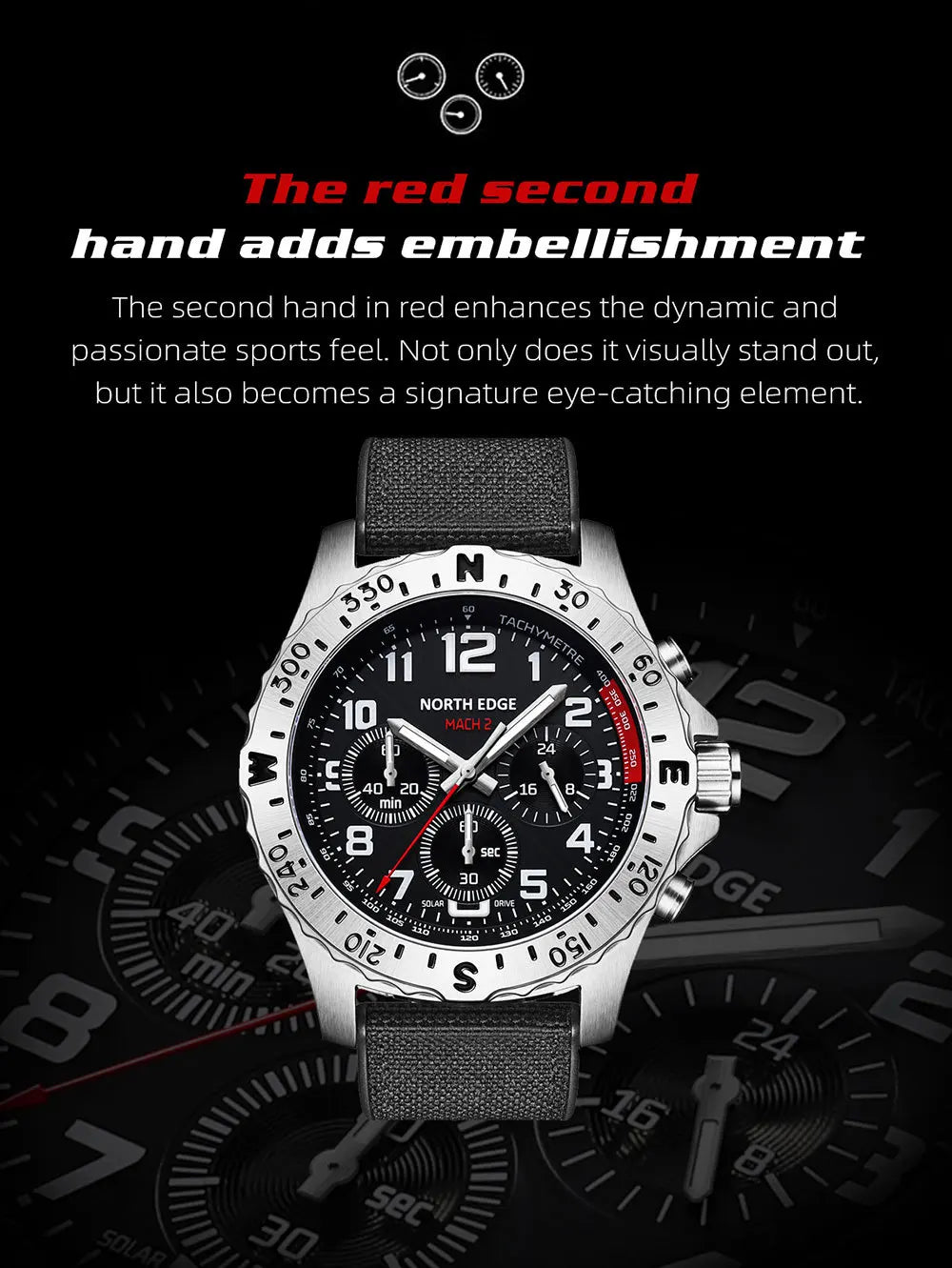 NORTH EDGE Men's Watches Solar Power 316 Stainless Steel Case Quartz Watch for Men Pilot Waterproof 50M Stopwatch