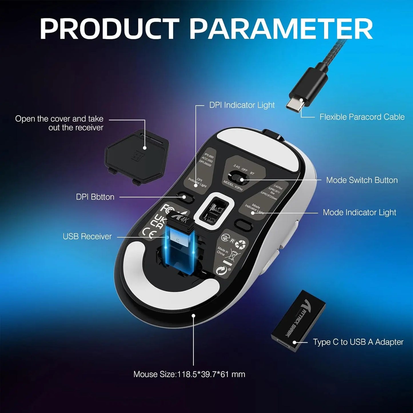 Mouse de gaming wireless Bluetooth Attack Shark X3Pro, PixArt PAW3395, 26000dpi, mouse optic, conexiune tri-mode, mouse de gaming cu macrocomenzi