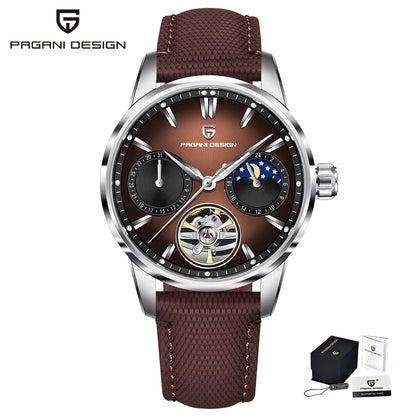 PAGANI DESIGN – luksuzni mehanički sat za muškarce, 41 mm, safirno staklo, kožni remen, vodootporan, u pilotskom stilu, s turbiljonom i fazama mjeseca