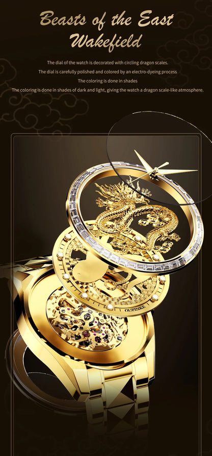 OUPINKE Herrenarmbanduhr, Top-Marke, Luxus, Gold, Wolframstahl, originale automatische mechanische Armbanduhr mit Zifferblatt im Drachenmuster