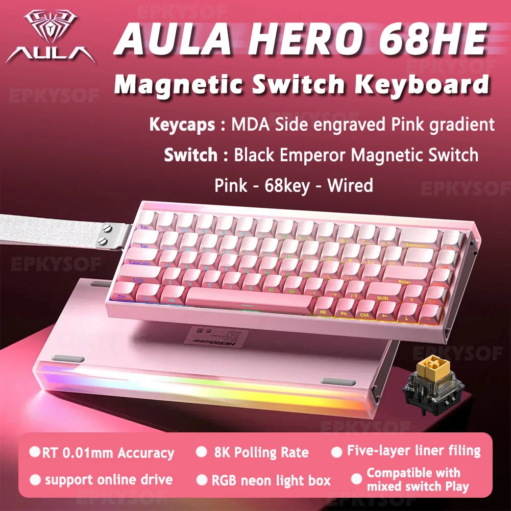 Tastiera AULA HERO 68HE con switch magnetici RGB, tastiera meccanica gaming Rapid Trigger, polling rate 8K, cablata, eSport personalizzata