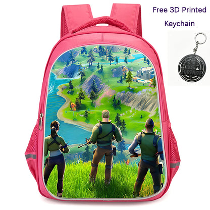 FORTNITE 16-inch Durable Lightweight Backpack, Dual Zipper Pockets, Cartoon Style for Boys & Girls 6-10,Free 3D Printed Keychain