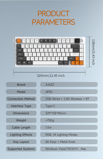 AJAZZ AF82 Low-Profile Electrostatic Keyboard Tri-Mode Wireless 75% Mechanical Gaming Keyboard with Display Screen, Hot-Swappable, 4000mAh Battery