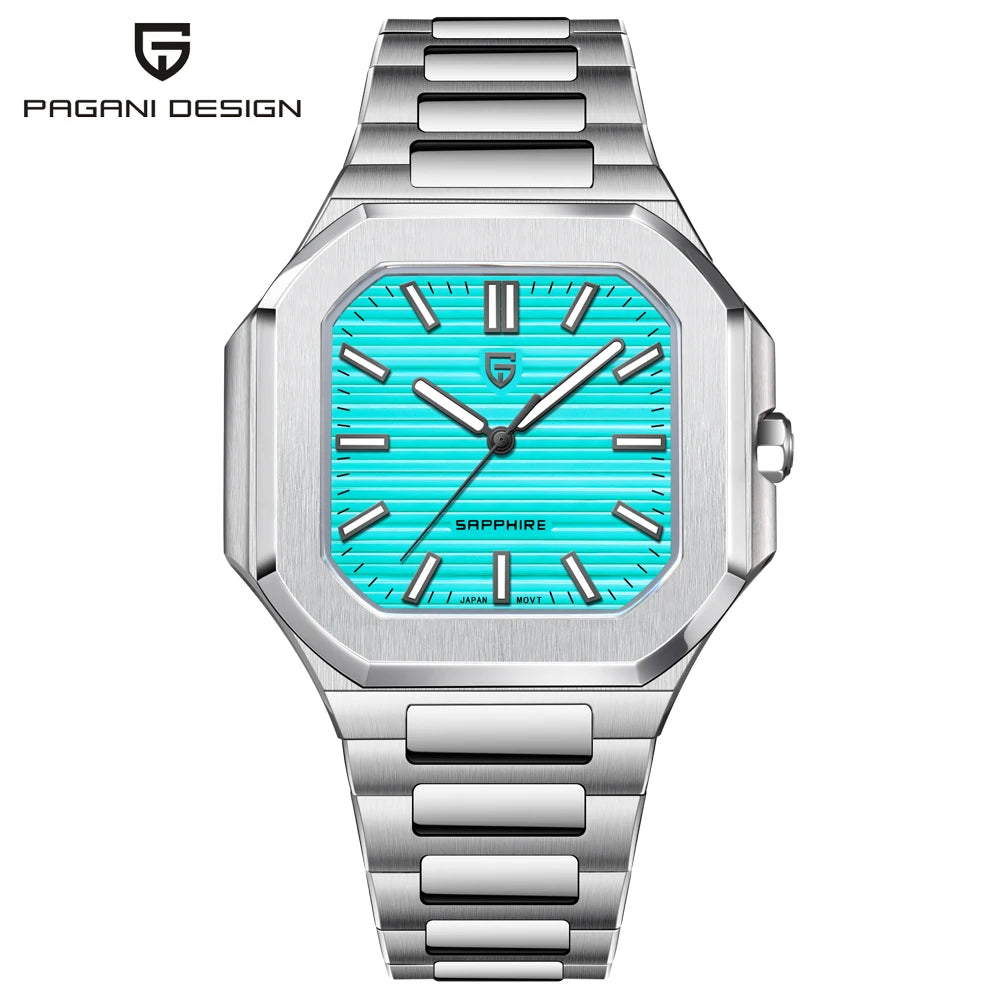 Nuovo orologio di lusso quadrato PAGANI DESIGN 2026 da uomo al quarzo, vetro zaffiro AR, movimento giapponese, luminoso, in acciaio 316L all steel
